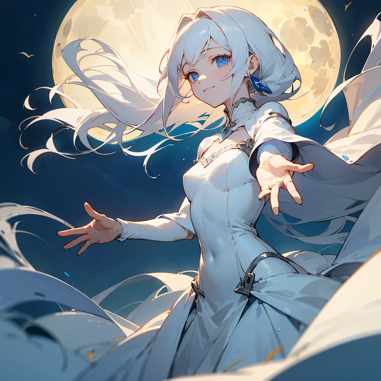 ((best quality)), ((masterpiece)), (detailed), (body shot), soft pale face girl elegant white hair deep blue eyes barely smiling loving moonlight outstretched hand