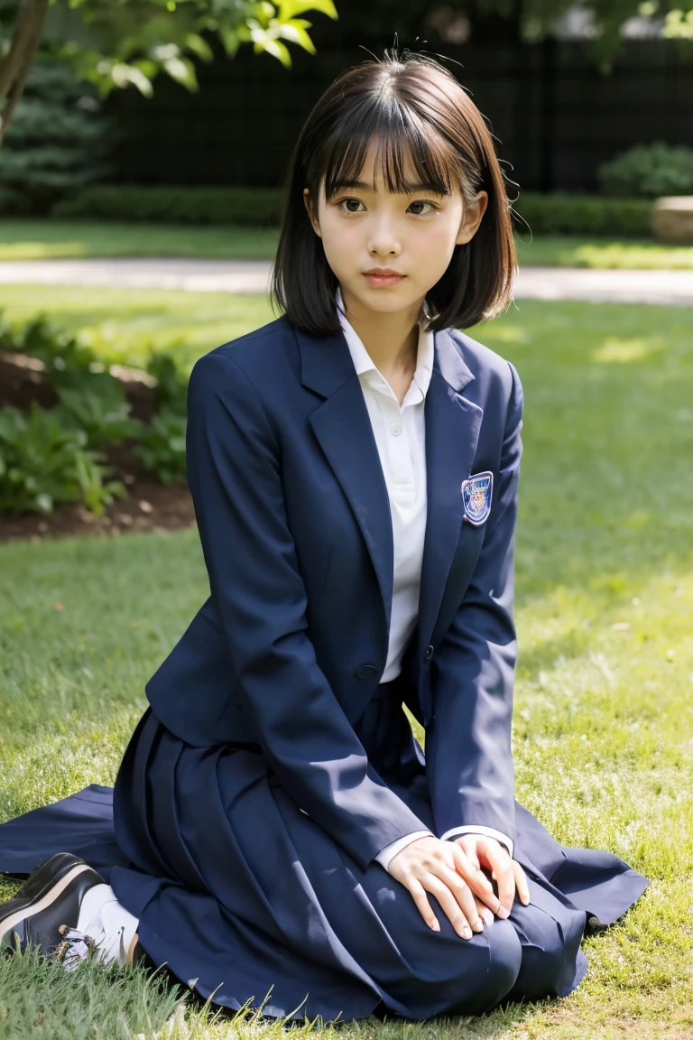 lawn、((Two beautiful Japan girls))、Two beautiful girls、Cute same school uniform、Same dark blue blazer uniform、 student、Wistful expression、look up to、A dark-haired、With bangs、Tall、Straight semi-long hair、((Long skirt to hide the knees))、((Navy long skirt below knee length))、evening、the wind、Thin leg、Standing、put strength into your body、Short Bob、Bun hair、