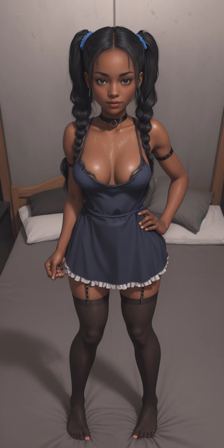 Black women、Dark skin color、Spread your legs、Earrings、necklace、White shirt with puff sleeves and collar、((flare skirt))、(Thigh-high stockings)、((Her lacy blue panties are visible))、Big Breasts、((Bowl Cut Hair))、((Straight Hair))、(blunt bangs)、(New York Cityscape)、Very beautiful woman、Slender women、(Detailed face)、Realistic Skin、((Delicate photo)),(Girl Masterpiece RAW Photo Details:1.25), (Highest quality:1.6), (Ultra-high resolution:1.5), (Realistic:1.75), 8k resolution, Canon EOS R5, 50mm, Absurd, Ultra-detailed,Cinema Lighting、