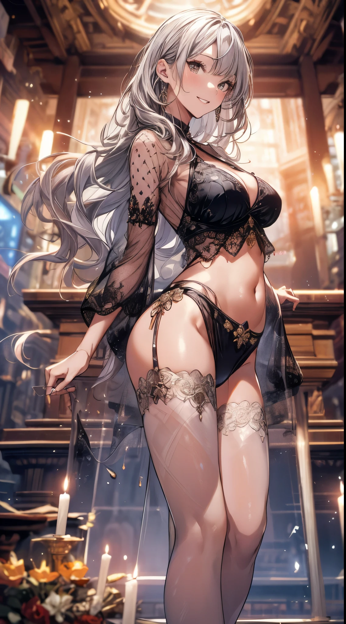 ((Ultra high resolution, 8K RAW photo, super realistics)), ((correct anatomy:1.5, ideal ratio of body proportions)), dancing Oppai gal, swinging boobs, stepping hard, leg up, long wavy hair, silver hair, crimson mesh hair, floating hair, fluttering hair, (high detailed face, super detailed eye), (sfw:1.25), belly dance, Arabian, delicate detailed clothes and accessories, see-through clothes, mesh robe, great festival show, indoors, in a temple, special altar, sexy dance, leaning backward, showing off crotch, looking at viewer, sexy smile, dutch angle, from below, side view, floating extra see-through clothes, splash, bokeh, extra floating see-through clothes,