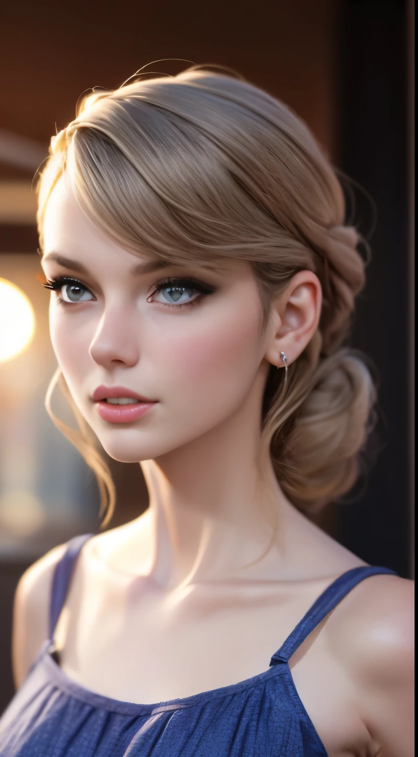 photo of Taylor Swift, RAW, beautiful woman, ((portrait)), ((detailed face:1.2)), ((detailed facial feature, detailed skin, clear skin), (perfect proportioned body, small breasts), (wearing a sun dress) (high detailed city environment, apartment balcony), (realistic photo, best quality, detailed), (8k wallpaper), (cinematic lighting, dramatic lighting) (sharp focus, intricate)