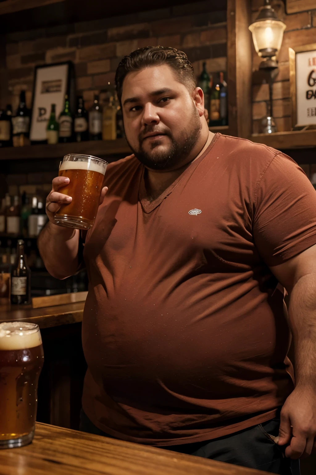 Make a man with obesity
Features: Esse homem deve estar usando roupa vermelha.
scenecy: He must be inside a bar
Share: He's drinking beer
Quality: Foto ultra realista, qualidade 8k, fullhd
