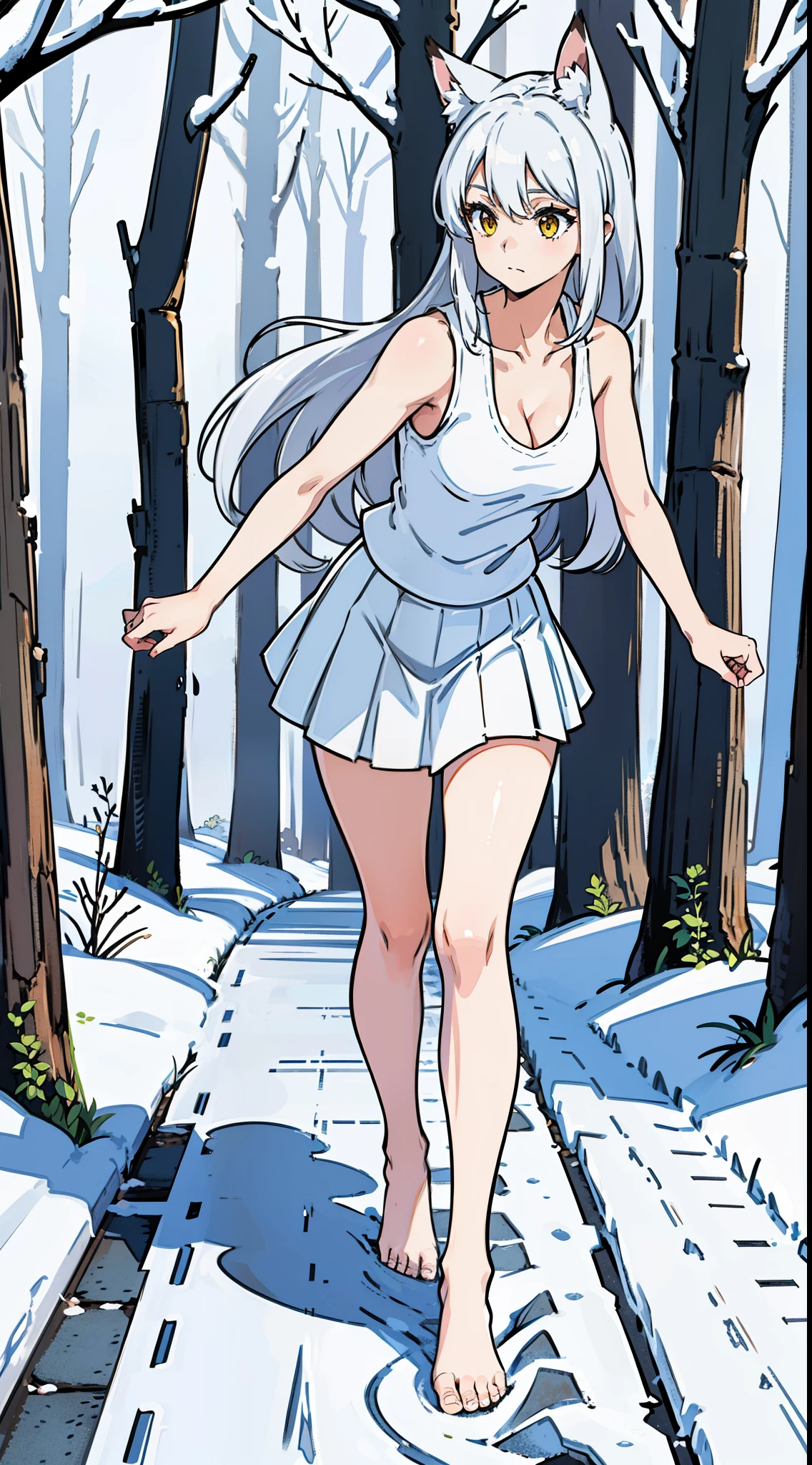 1girl,solo,medium breasts,mature female,((white sleeveless and shoulderless t-shirt,cleavage,bare feets)),(((white pleated skirt))),silver hair,long hair,yellow eyes,fox ears,((walking in snow,in a Forest)),from front,full body,shy,leaning forward