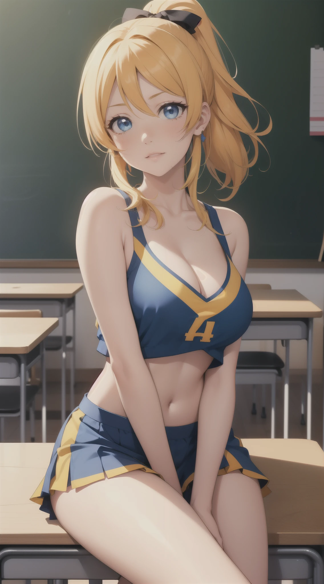 eliayase, eli ayase, yellow hair, blue eyes, ponytail, hair ribbon, masterpiece, best quality, high resolution, unity 8k wallpaper, illustration, beautiful detailed eyes, blush, glossy lips, lips parted, perfect lighting, extremely detailed CG, perfect anatomy, cheerleader, midriff, cleavage, sitting, classroom