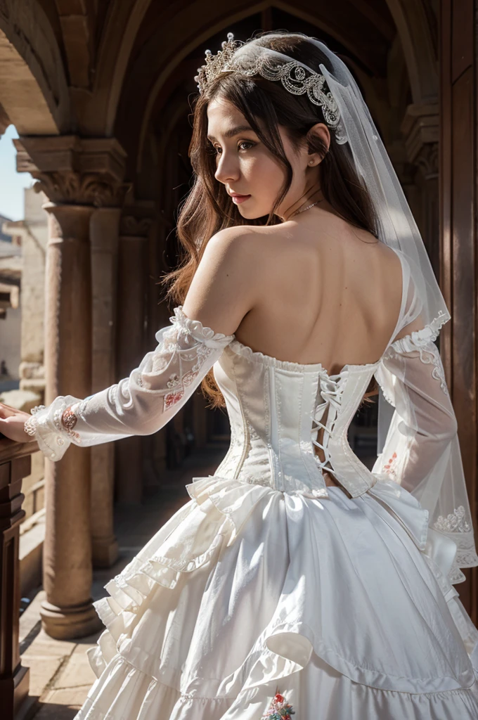 ((extremely detailed CG unity 8k wallpaper)), masterpiece, ultra-detailed, floating, high resolution, sexually suggestive, (petite, absurdly long white hair, princess, white mage, blue eyes, (ornate long white and red see through layered long dress with long detached wide sleeves and intricate embroidery), bridal veil, circlet, bridal gauntlets, blushing, shy, arched back, ruffled petticoat, ornate corset,