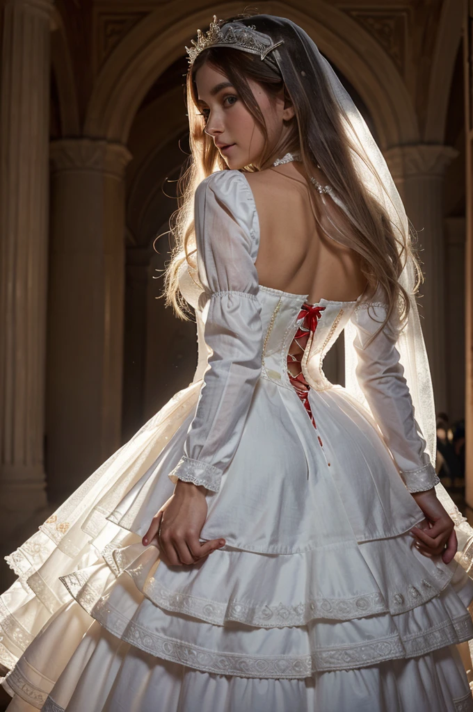((extremely detailed CG unity 8k wallpaper)), masterpiece, ultra-detailed, floating, high resolution, sexually suggestive, (petite, absurdly long white hair, princess, white mage, blue eyes, (ornate long white and red see through layered long dress with long detached wide sleeves and intricate embroidery), bridal veil, circlet, bridal gauntlets, blushing, shy, arched back, ruffled petticoat, ornate corset,