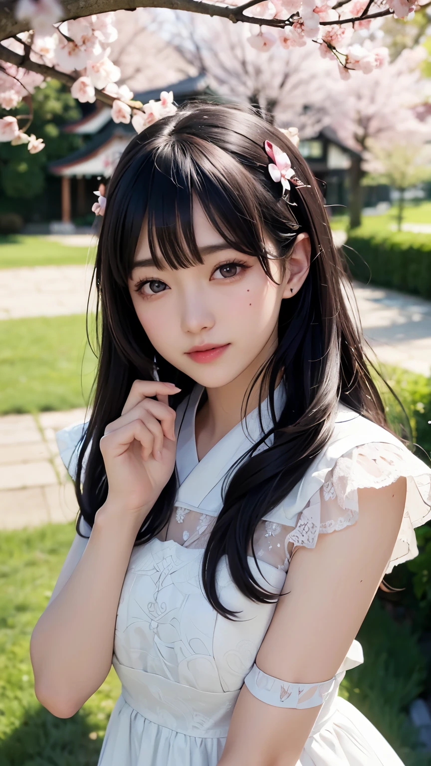 (A logo、masterpiece、8K、masutepiece、Raw photo、Fantastic、Best Quality、フォトリアリスティックでighly detailedな CG 統合 8k 壁紙、hightquality、ighly detailed、epic poem、Particle effect、Dynamic effects、depth of fields、Cinematic Light、Lens Flare、Ray tracing)、Fantasia、 (Beauty 1 person、doress、Dress、Cherry blossom pattern、A dark-haired、Beautiful face、Real Face、beautiful details eyes beautiful skin)、髪がthe windで踊る、Hair flutters in the wind、Hair jumps、Pink cherry blossom tree、Petals flutter、Sakura blizzard、Superb view、morning glow、Sun in the background、the wind、