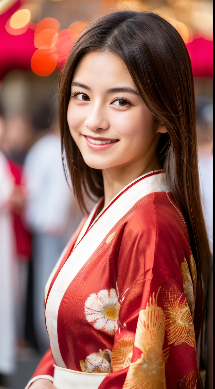 (best quality,8K,ultra-detailed,photo-realistic:1.37), smiling Japanese woman, 18 years old, Brown eyes , , Red Kimono or Yukata, Brown Long Straight hair, Fireworks display, tilt one's head, Loving gaze towards a lover, full body,
