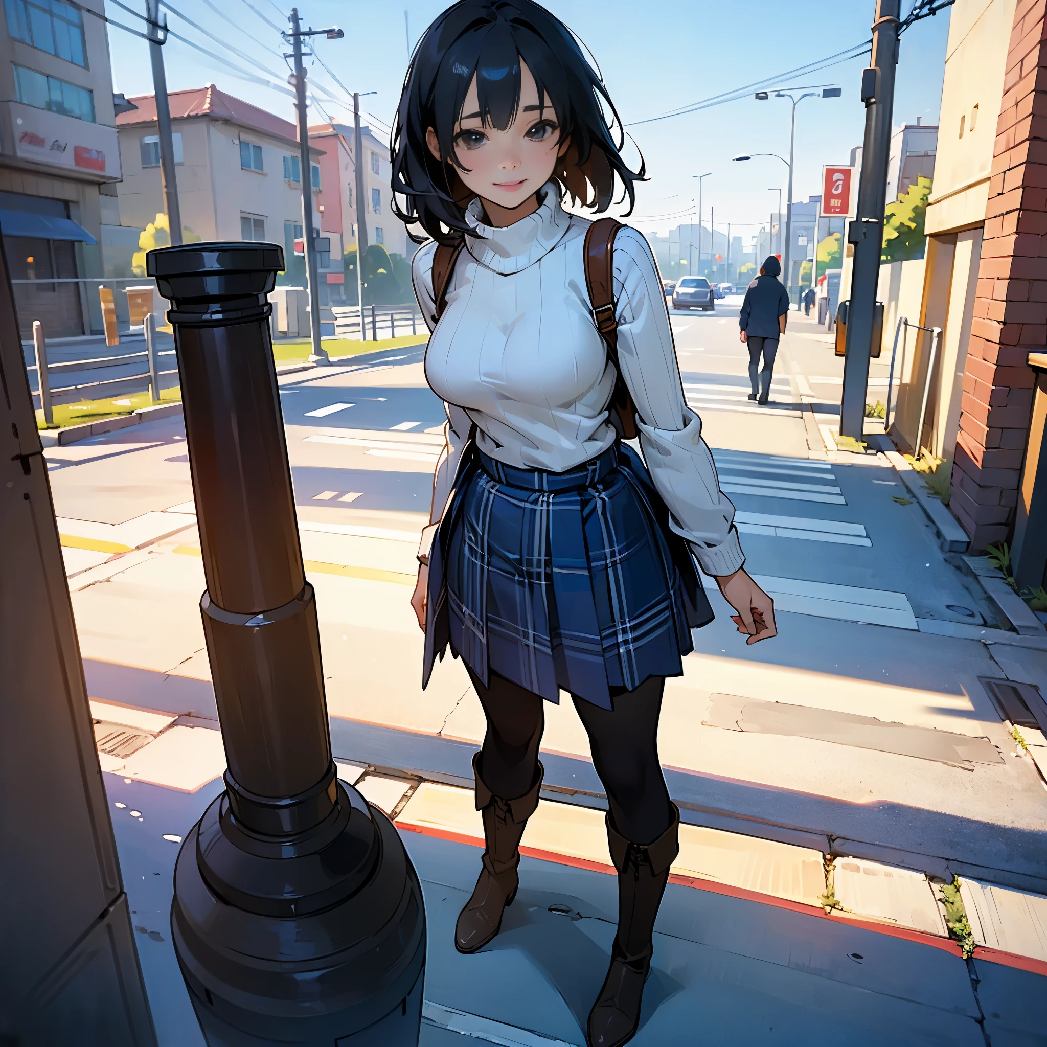 (High quality, High resolution, Ultra-detailed, Realistic:1.37), peaceful ambiance, (plein air, street), Teenage girl standing alone, (My breasts are big.), Beautiful detailed features, Cute smile, (Black bob hair), Ribbed sweater, blue plaid skirt, Black tights, Brown boots.