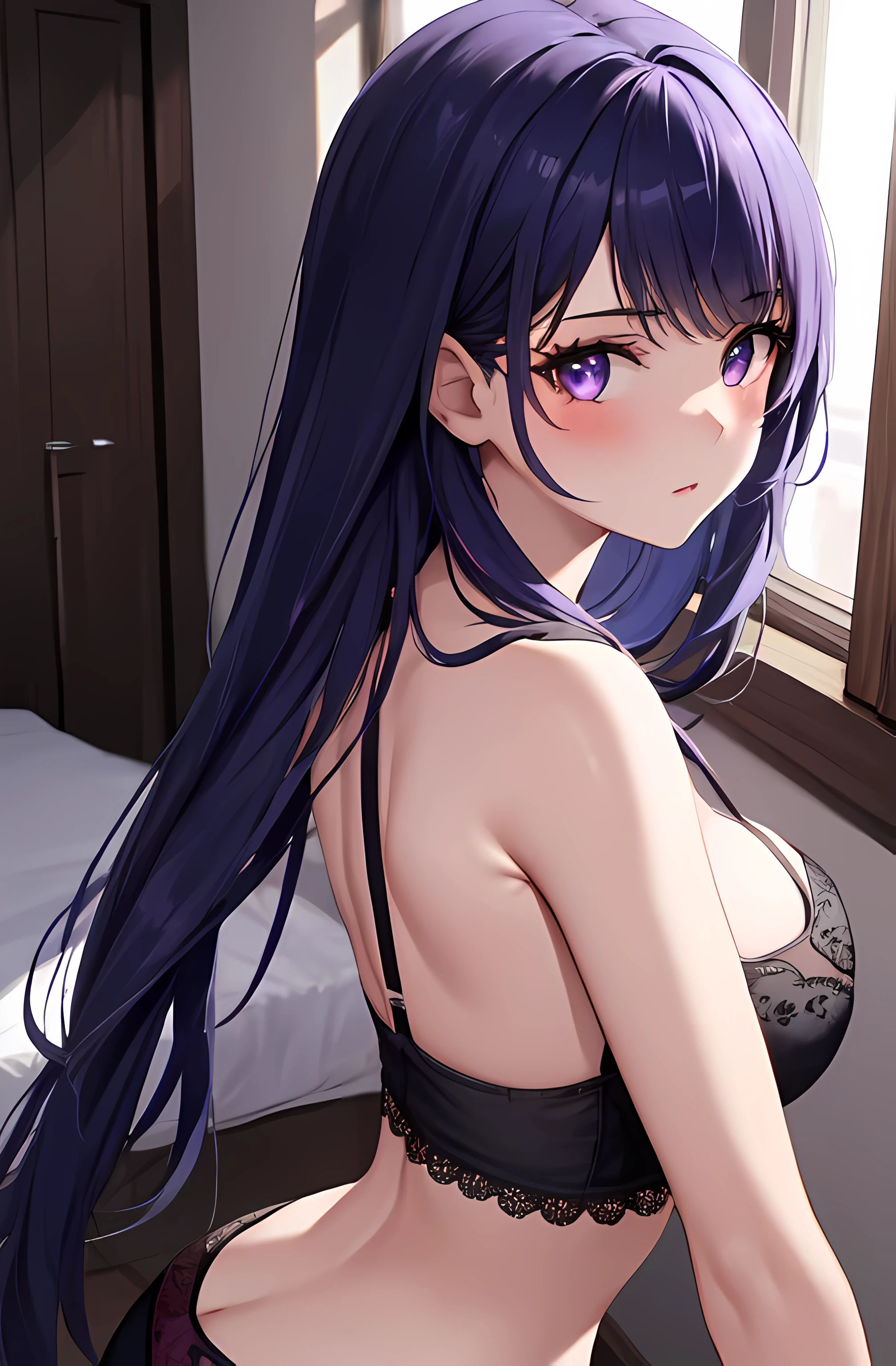 (best quality, masterpiece, ultra-detailed, perfect pixels, UHD, 4k, HDR, depth of field), 1girl, raiden_shogun, perfect body, (photorealistic:1.1, smooth CG texture), (blunt bangs, long hair, eyelashes), pov, close up, parted mouth, medium breasts, seductive, blushing, nipslip, standing, looking at viewer, indoor, bedroom, (bra, panties), (half body, looking back, from above, beside the window)