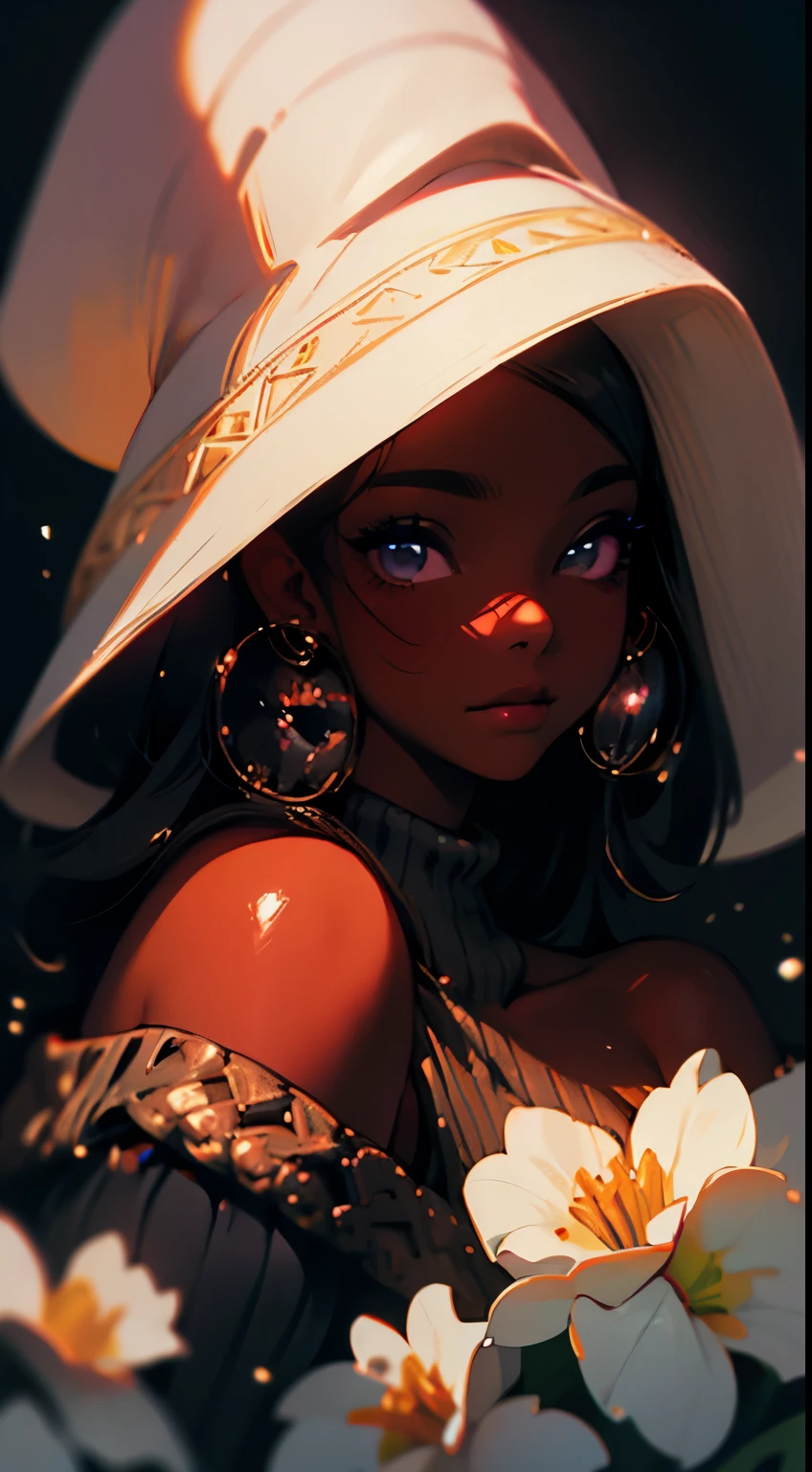 Upper body shot, ((beautiful black woman with flawless dark skin)), long hair with bright gradient glow under hair, clearly defined facial features, big detailed eyes, ((( wearing an off the shoulder sweater))) glowing flowers in the background, masterpiece, best high quality image,96k, uhd, depth of field, 1080P wallpaper, spotlight, character focus, high quality, insanely detailed, UHD picture quality in the style of Amy Sol