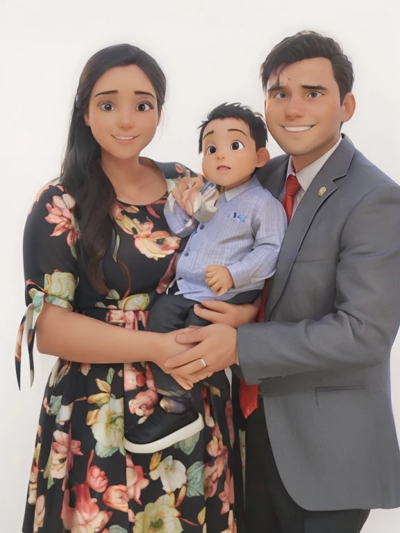 30-year-old man in a formal shirt and tie, with his wife and a baby in front of the church