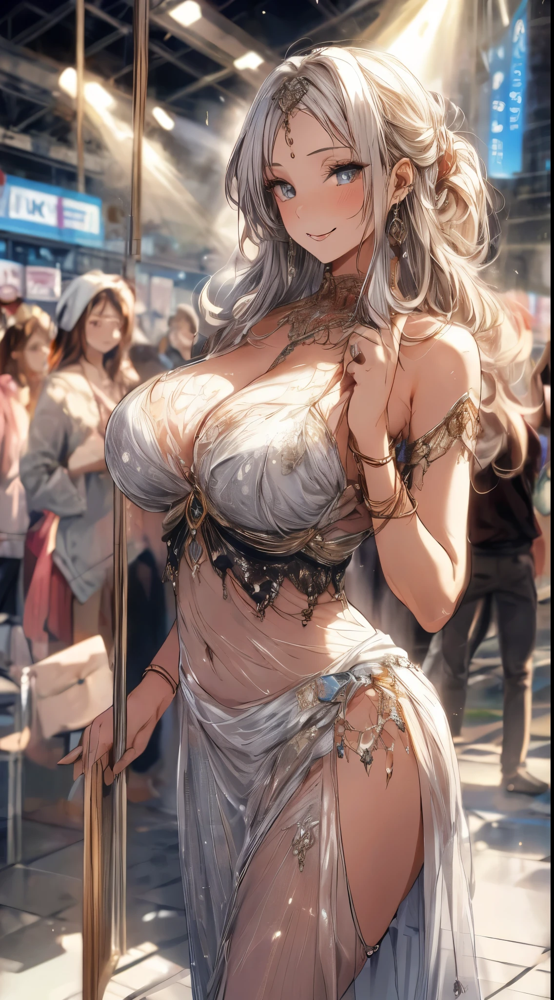 ((Ultra high resolution, 8K RAW photo, super realistics)), ((correct anatomy:1.5, ideal ratio of body proportions)), dancing Oppai gal, dancing, swinging boobs, stepping hard, leg up, twisted body, long wavy hair, silver hair, crimson mesh hair, floating hair, fluttering hair, (high detailed face, super detailed eye), (sfw:1.25), belly dance, Arabian, delicate detailed clothes and accessories, see-through clothes, mesh robe, great festival show, indoors, in a temple, special altar, sexy dance, leaning backward, showing off crotch, looking at viewer, sexy smile, dutch angle, from below, side view, floating extra see-through clothes, splash, bokeh, extra floating see-through clothes,