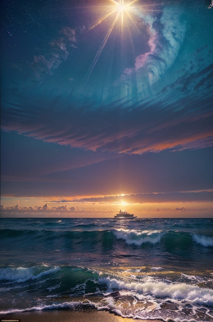 (masterpiece, best quality:1.4), cinematic light, colorful, high contrast, neon, sky, sunlight, space, beach, wave, no people, expansive landscape photography, (a view from below that shows the sky above and the sea below use a lot of purple and orange, details, warm colors and vibrant Japanese anime style