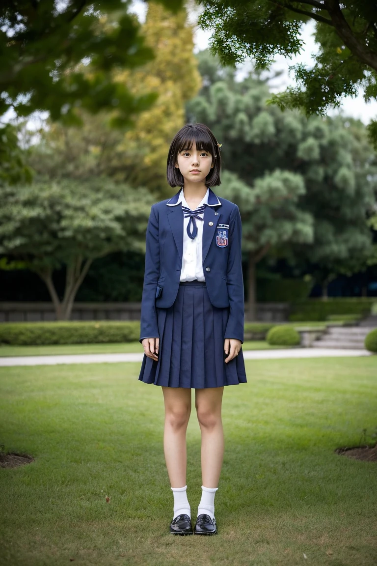 lawn、((Two beautiful Japan girls))、Two beautiful girls、Cute same school uniform、Same dark blue blazer uniform、、Wistful expression、look up to、A dark-haired、With bangs、Tall、Straight semi-long hair、((Long skirt to hide the knees))、((Navy long skirt below knee length))、evening、the wind、Thin leg、Do not sit、Standing、put strength into your body、Short Bob、Bun hair、