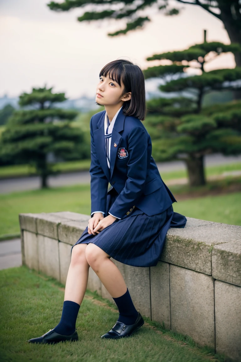 lawn、((Two beautiful Japan girls))、Two beautiful girls、Cute same school uniform、Same dark blue blazer uniform、15yo student、Wistful expression、look up to、A dark-haired、With bangs、Tall、Straight semi-long hair、((Long skirt to hide the knees))、((Navy long skirt below knee length))、evening、the wind、Thin leg、Do not sit、Standing、put strength into your body、Short Bob、Bun hair、