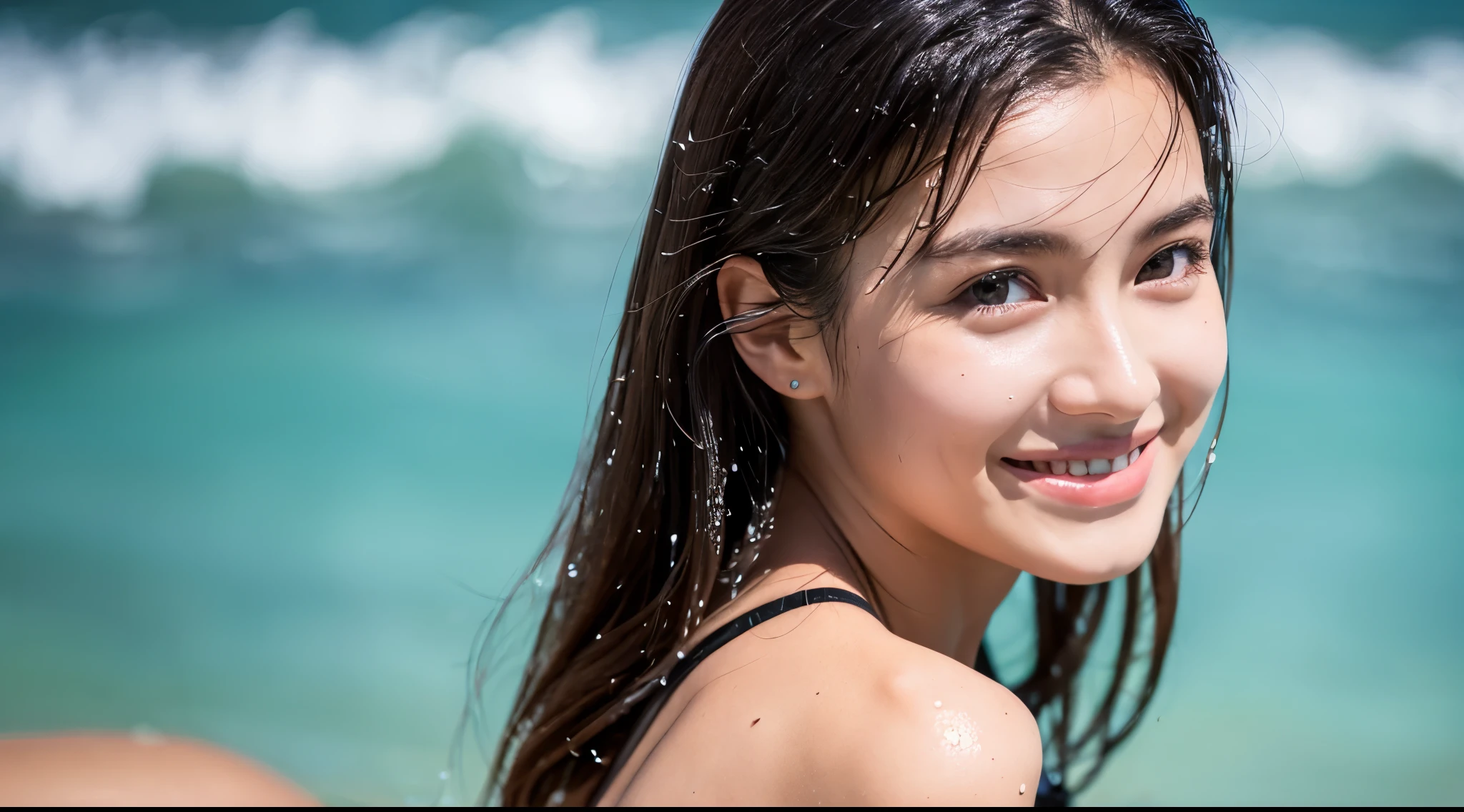 (masterpiece, best quality:1.4), (8k, raw photo, photo realistic:1.2), (shiny skin), detailed skin, detailed face, detailed eyes, 8k portrait, smiling Japanese woman, 25 years old, Brown eyes , beautiful,, big bust, (wet with water), Black micro bikini, Black Long straight hair, beach, (tilt one's head), Loving gaze towards a lover, upper body, divine light