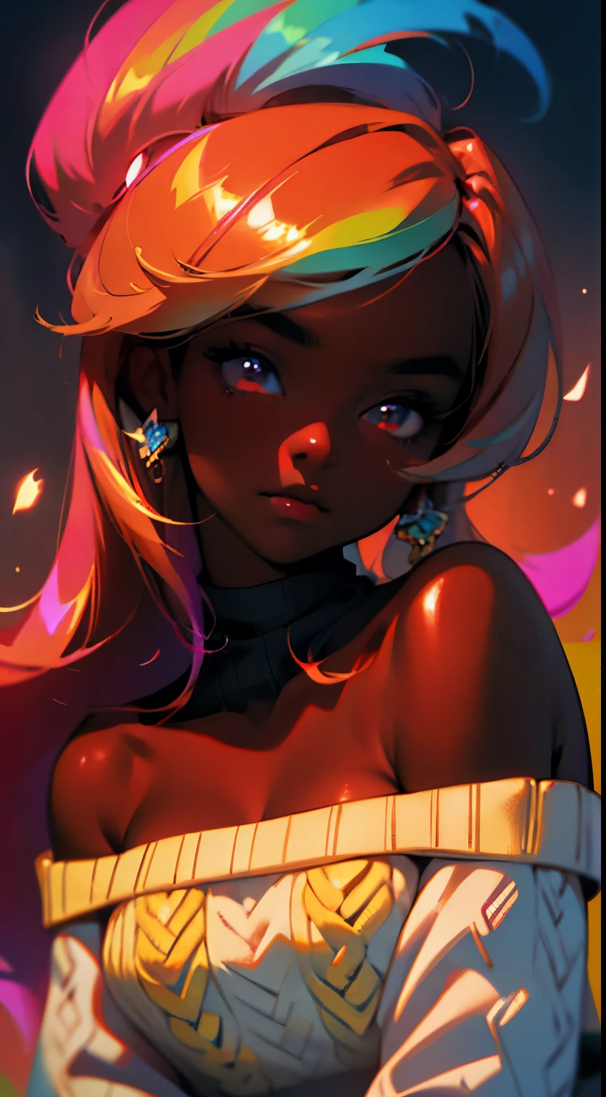 Upper body shot, ((beautiful black woman with flawless dark skin)), long hair with bright gradient glow under hair, clearly defined facial features, big detailed eyes, ((( wearing an off the shoulder sweater))) glowing flowers in the background, masterpiece, best high quality image,96k, uhd, depth of field, 1080P wallpaper, spotlight, character focus, high quality, insanely detailed, UHD picture quality in the style of Amy Sol