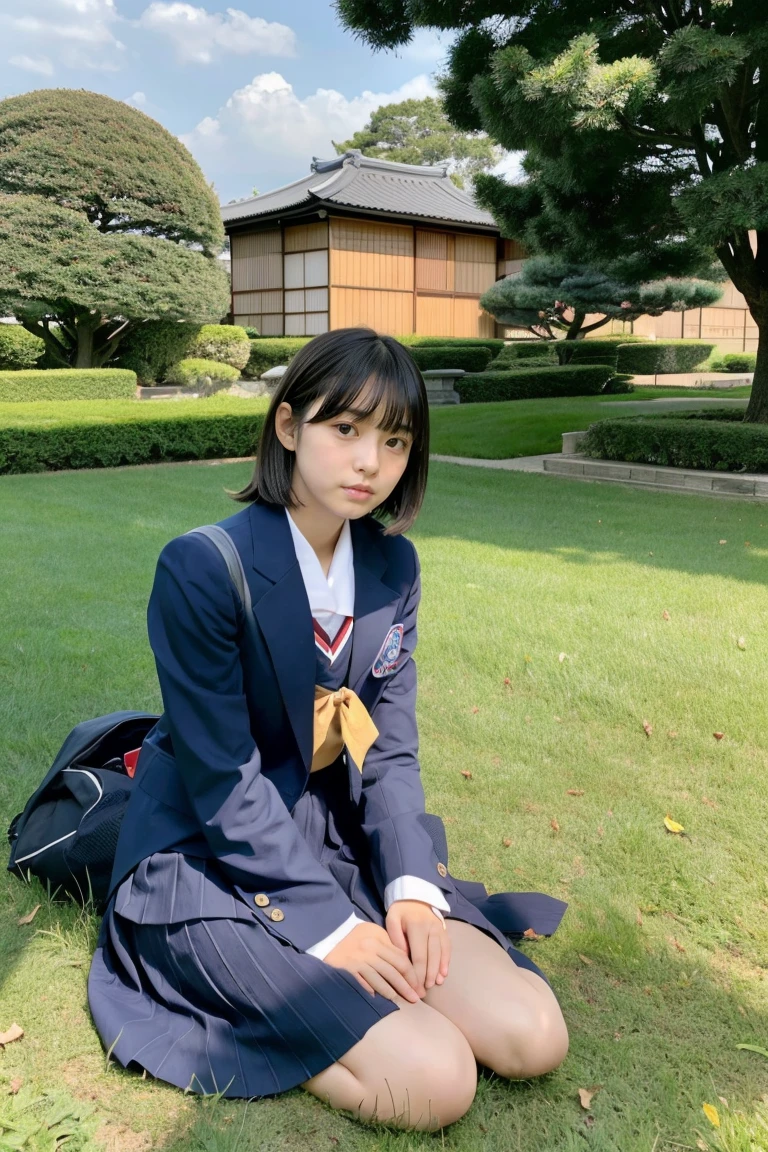 lawn、((Two beautiful Japan girls))、Two beautiful girls、Cute same school uniform、Same dark blue blazer uniform、15yo student、Wistful expression、look up to、A dark-haired、With bangs、Tall、Straight semi-long hair、((Long skirt to hide the knees))、((Navy long skirt below knee length))、evening、the wind、Thin leg、Do not sit、Standing、put strength into your body、Short Bob、Bun hair、