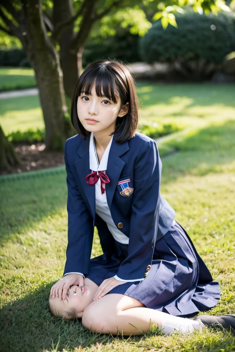 lawn、((Two beautiful Japan girls))、Two beautiful girls、Cute same school uniform、Same dark blue blazer uniform、15yo student、Wistful expression、look up to、A dark-haired、With bangs、Tall、Straight semi-long hair、((Long skirt to hide the knees))、((Navy long skirt below knee length))、evening、the wind、Thin leg、Do not sit、Standing、put strength into your body、Short Bob、Bun hair、