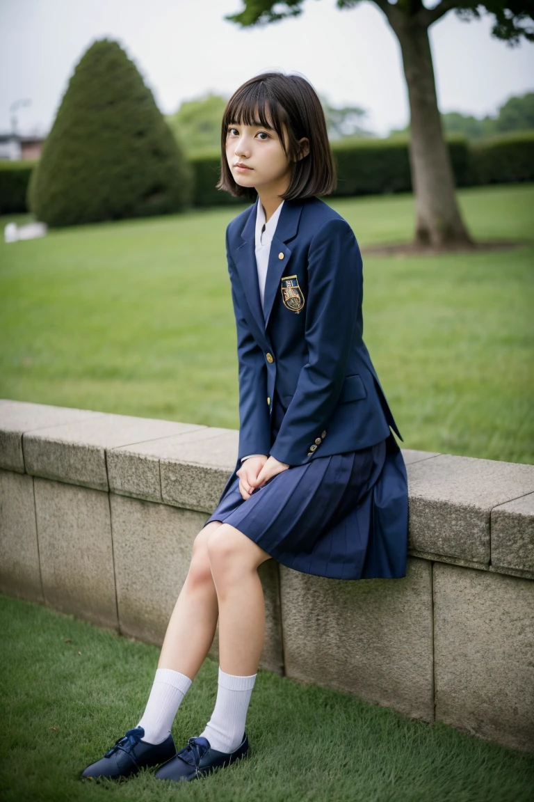lawn、((Two beautiful Japan girls))、Two beautiful girls、Cute same school uniform、Same dark blue blazer uniform、15yo student、Wistful expression、look up to、A dark-haired、With bangs、Tall、Straight semi-long hair、((Long skirt to hide the knees))、((Navy long skirt below knee length))、evening、the wind、Thin leg、Do not sit、Standing、put strength into your body、Short Bob、Bun hair、