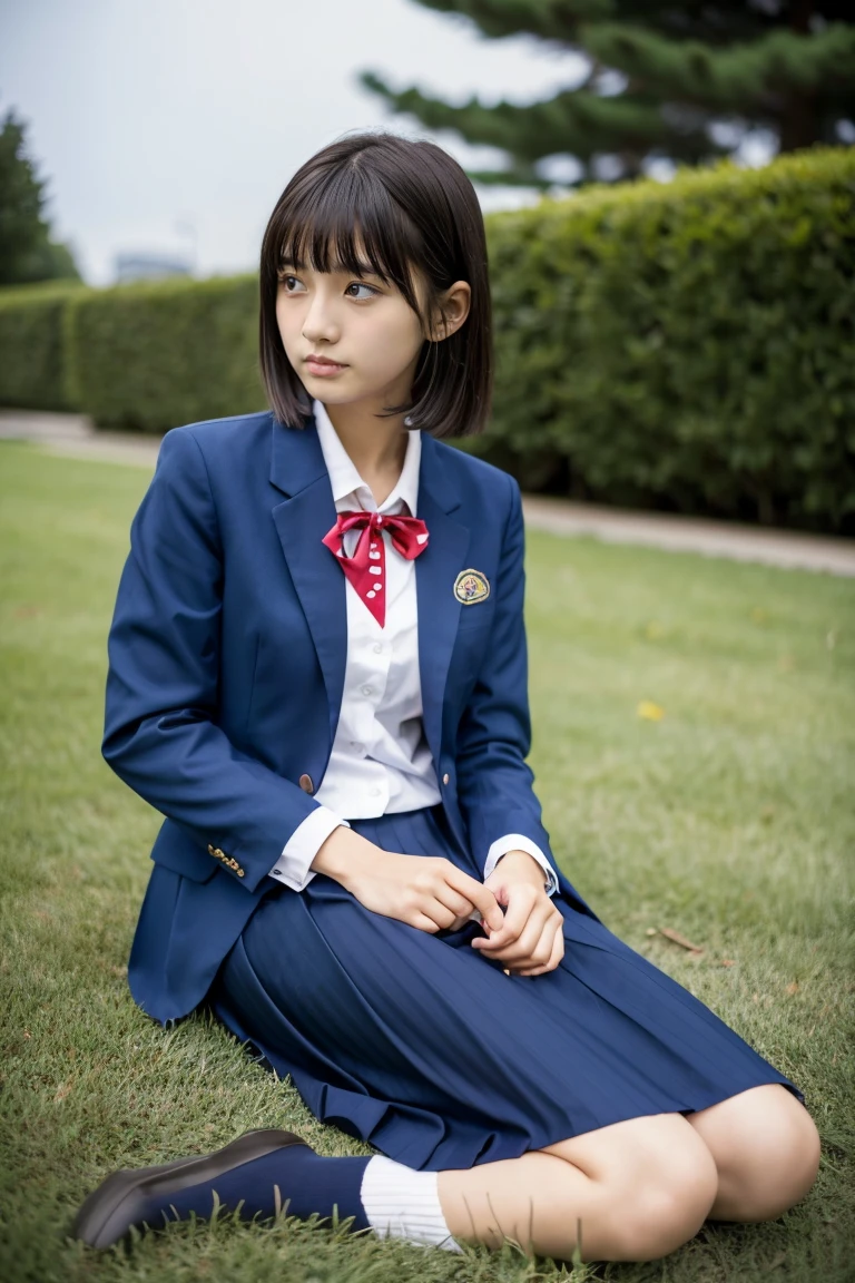 lawn、((Two beautiful Japan girls))、Two beautiful girls、Cute same school uniform、Same dark blue blazer uniform、15yo student、Wistful expression、look up to、A dark-haired、With bangs、Tall、Straight semi-long hair、((Long skirt to hide the knees))、((Navy long skirt below knee length))、evening、the wind、Thin leg、Do not sit、Standing、put strength into your body、Short Bob、Bun hair、