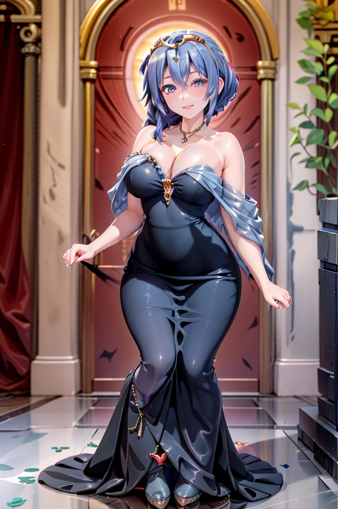 gran calidad ++ Extremely detailed high resolution, very aesthetic, ojos expresivos, (((Cara perfecta))), (((face symmetrical))), ((good anatomy)), (((manos perfectas))), (((8k))), UHD, Fondo de pantalla HD, (((alta calidra detallada, (((1girl))), ((((cuerpo completo)))), emblema de fuego, Emblema de fuego Despertar, (((Lucina))), Lucina Emblema de fuego despertar, (((sosteniendo un ramo de flores))), (((rosas azules))), (((sonrisa))), (((sonrisa divina))), (((sonrisa femenina))), ((((Midnight blue off-the-shoulder dress that perfectly hugged her slender figure and then descended into a flowy floor-length skirt..)))), (((The sweetheart neckline was adorned with brilliant sapphires in harmony with the jeweled tiara.....))), (((majestic castle ballroom))),