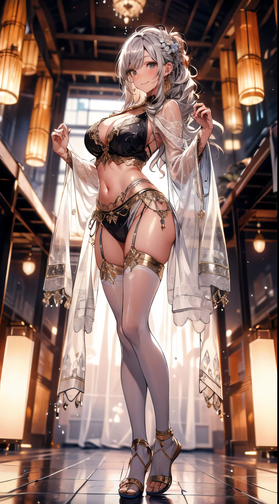 ((Ultra high resolution, 8K RAW photo, super realistics)), ((correct anatomy:1.5, ideal ratio of body proportions, long legs:1.37)), dancing Oppai gal, dancing, swinging boobs, stepping hard, leg up, floating, twisted body, long wavy hair, silver hair, crimson mesh hair, floating hair, fluttering hair, (high detailed face, super detailed eye), (sfw:1.25), belly dance, Arabian, delicate detailed clothes and accessories, see-through clothes, mesh robe, great festival show, indoors, in a temple, special altar, sexy dance, leaning backward, showing off crotch, looking at viewer, sexy smile, dutch angle, from below, side view, floating extra see-through clothes, splash, bokeh, extra floating see-through clothes,