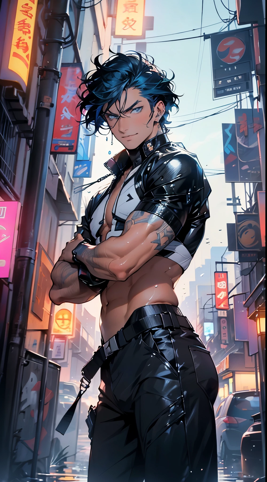 Japan, high-res, highest quality, illustration, ultra detailed, (detailed face), (detailed eyes), soft lighting, best quality, hazy glow, dreamy atmosphere, hyper detailed, masterpiece, 1boy, solo, black shoulder length-hair, green eyes, leather jacket(shirtless), yakuza type, luminous eyes, muscular, scar over lip, (colorful), cowboy shot, from below, outdoors, morning, clouds, tall buildings in background, industrial, public transportation, urban, concrete buildings, concrete, sidewalk, busy, trees, autumn, falling leaves, scars over chest.