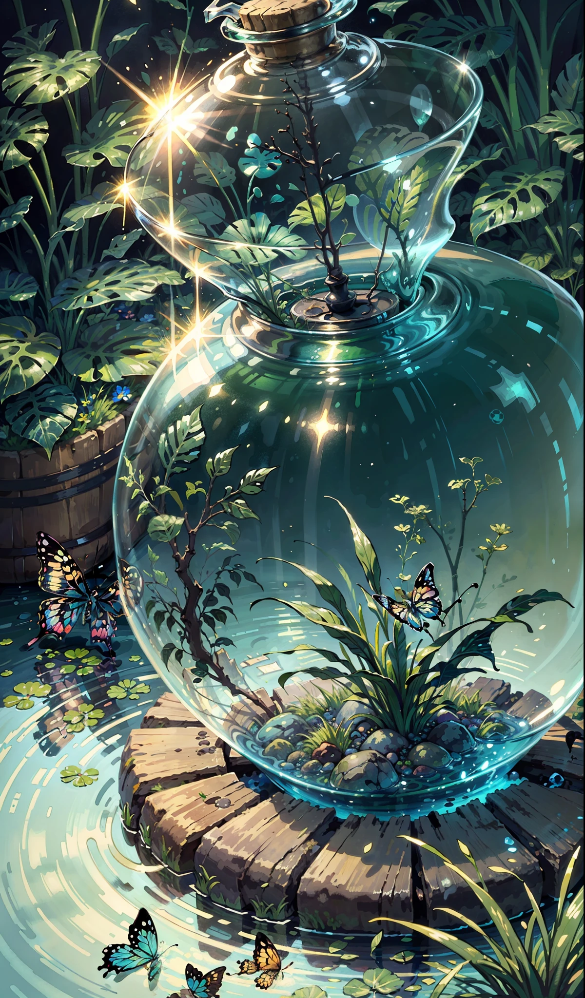 (Masterpiece, Best Quality: 1.2), (Super Detail), (Illustration), Wallpaper, Original, Round Bottom Flask, Grass, Vine, Water, Butterfly, Nature, Shining, Surrounded by Light, Terrarium, RPG Style, Cartoon, Fantasy, Mobile Game, (Shining)