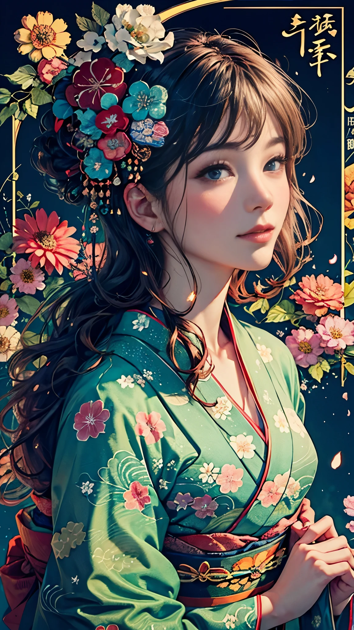 8K, top-quality, hight resolution, Bishoujo 1 25 years old,  Flower steamed buns,A slight smil, (traditional Japanese kimono:1.3)、Luxury kimono、no wrinkles at all,watercolor paiting, (Flower hair ornament:1.3)