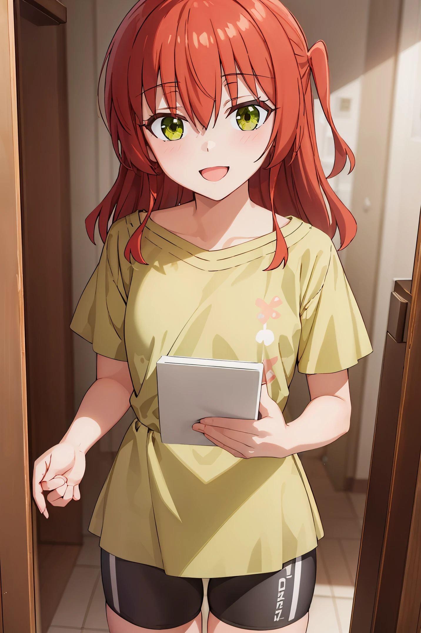 Room, 1 girl, best quality, ultra high res, long hair, red hair, green eyes, looking at viewers, small breast, standing, pov, slim body, li body, small body, smile, open mouth, yellow shirt, short sleeves, bike shorts,