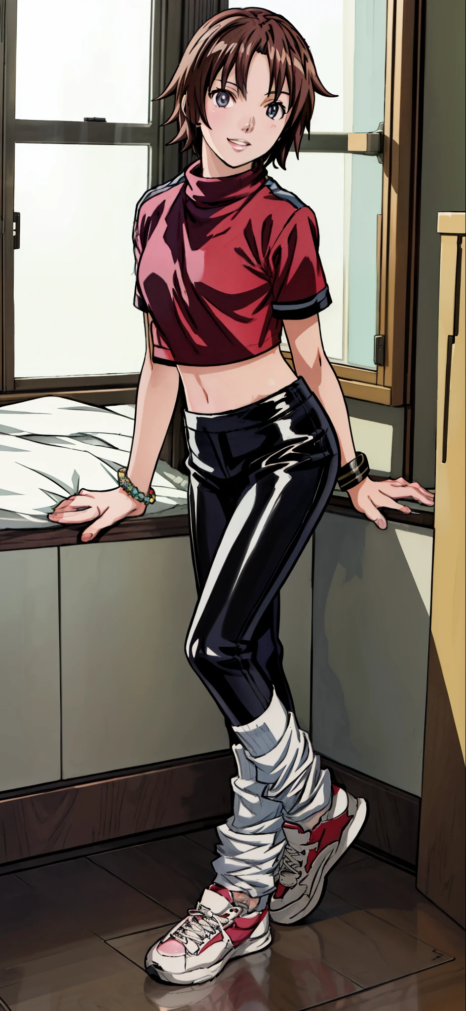 (Best Quality,4K,8K,hight resolution,masutepiece:1.2), Ultra-detailed, (Realistic,photoRealistic,photo-Realistic:1.37), meadow girl, grin,wearing a white crop top and black leggings, wristbands,White loose socks,Black sneakers,Beautiful detailed eyes, Beautiful detailed lips, extremely detailed eye and face, long eyelashes, Realistic anime 3D style, Smooth Anime CG Art, Digital rendering by Makoto Shinkai, Moe Anime Art Style, photoRealistic rendering of an anime girl, Shinkai Makoto style, Cute anime girl visuals, Realistic young anime girl, girl fan art, Created in an anime artist&#39;s studio.