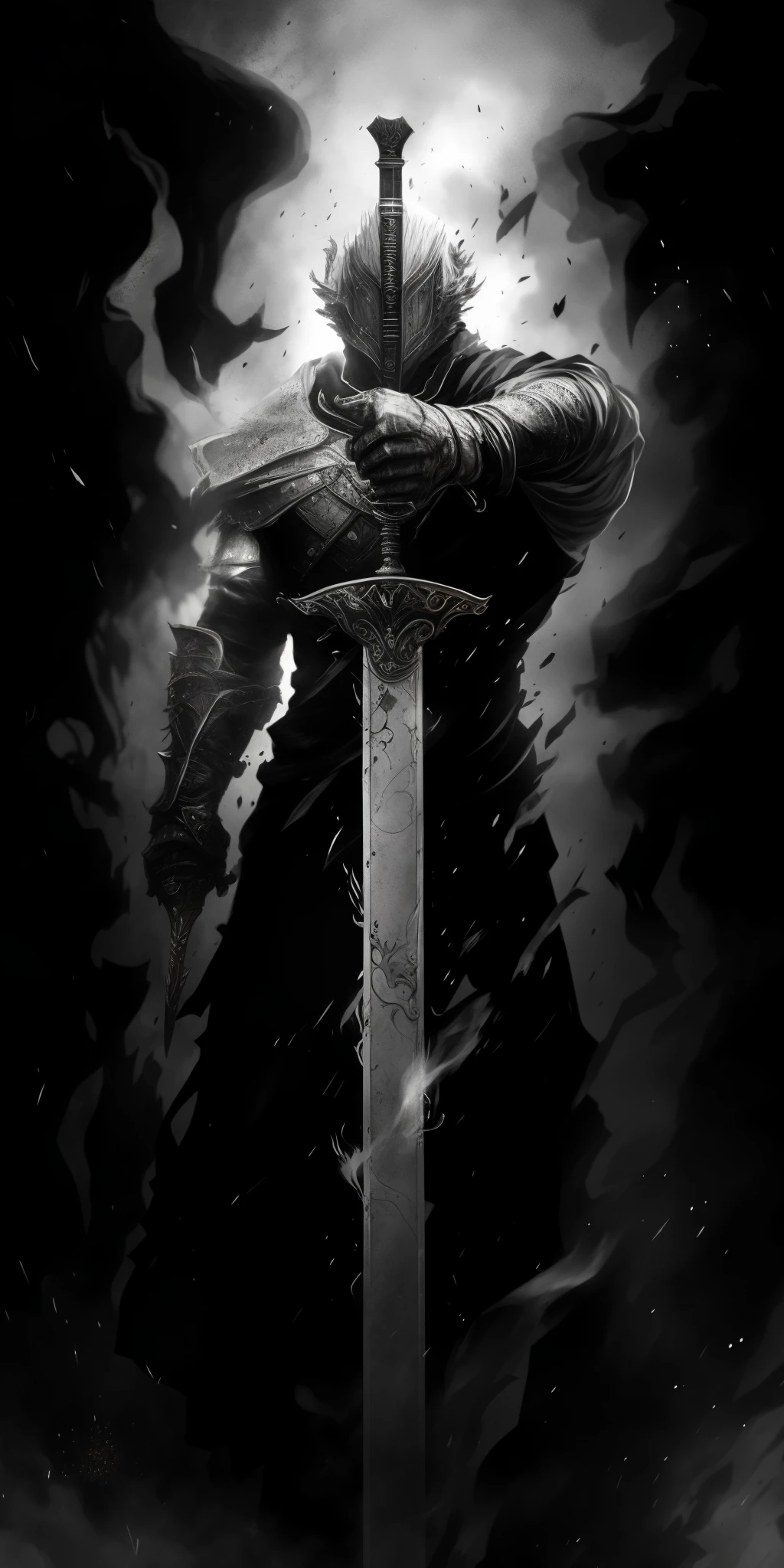 a black and white photo of a man holding a sword, dark soul concept, dark souls art, dark soul concept art, dark souls art style, dark sword in ares's hand, dark souls knight, the dark souls knight, in style of dark souls 3, dark souls concept art, holds a black sword, dark souls inspired, dark souls style, in dark soul