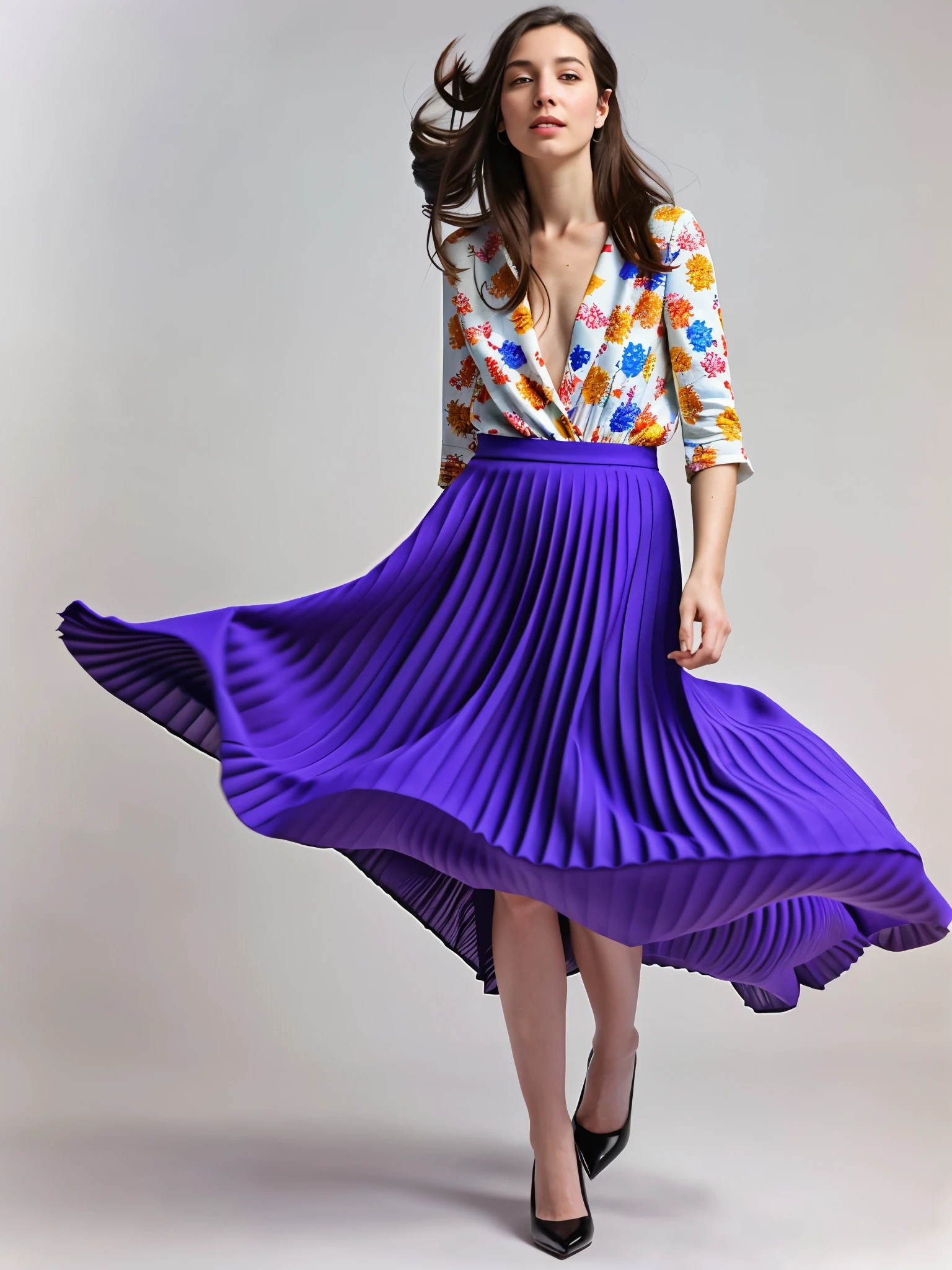 (shy:1,1) (smiling:1,5) woman playing with skirt, dancing, wearing short blazer and very very detailed (long (fully pleated) full circle skirt) and (low heeled) office shoes, very very intricate hyper-detailed symmetric (attractive graceful young feminine face) with (sad, tired eyes and a shy smile), large breasts, full of empathy and compassion and love, (pronounced (feminine) features), (highly detailed ultra accurate realistic) hands and fingers, (windy conditions and wind blowing), epic composition, highly detailed attributes, highly detailed space station background, (35mm f1.4 Kodak portra 400 photograph), extremely high quality RAW photograph,