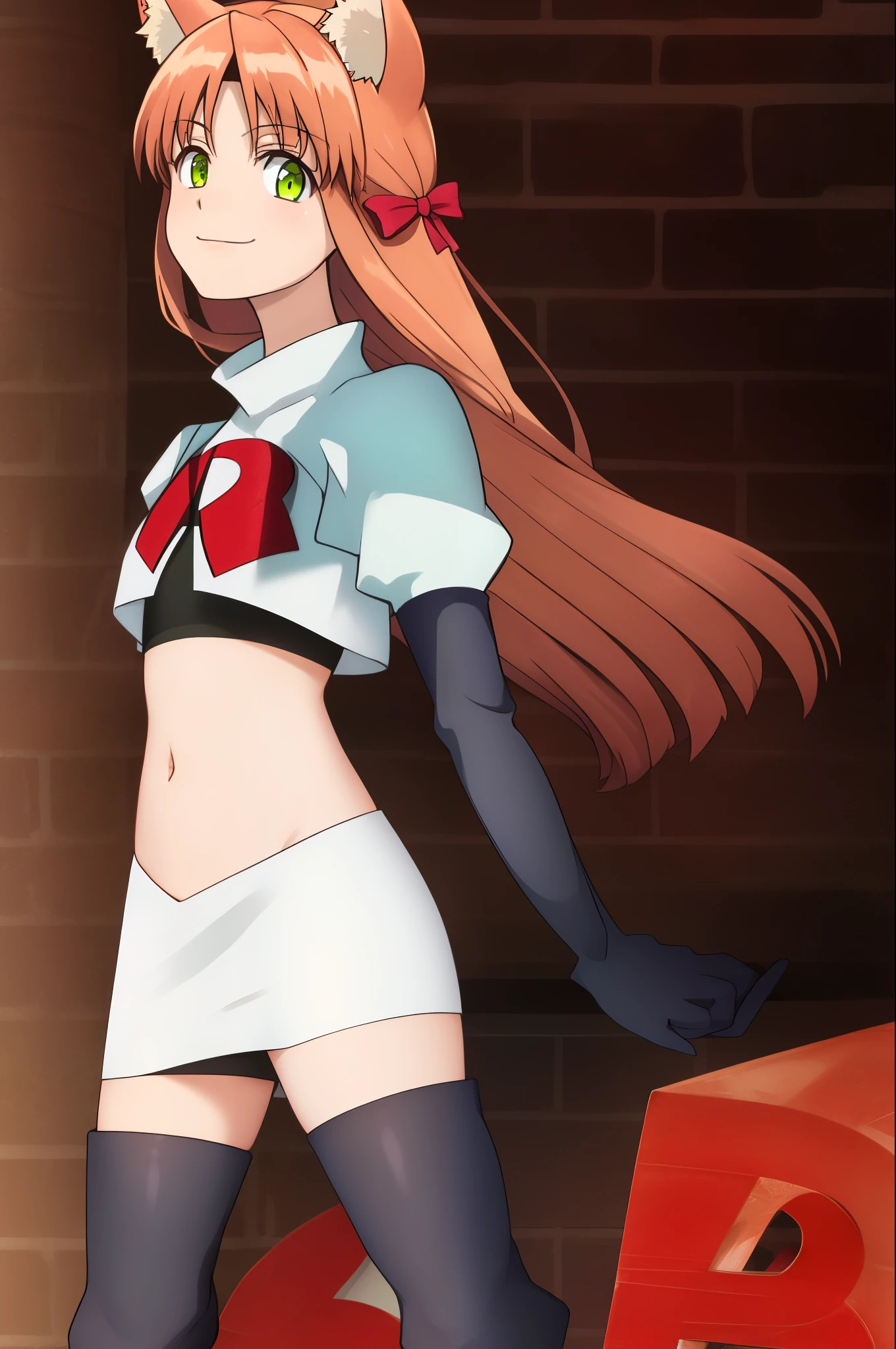kanade, anime art style, 1girl, solo, long_hair, breasts, looking_at_viewer, smile, bangs, brown_hair, ribbon, animal_ears, very_long_hair, closed_mouth, green_eyes, hair_ribbon, cat_ears, red_ribbon, animal_ear_fluff, team rocket, team rocket uniform, red letter R, white skirt, white crop top, black thigh-high boots, black elbow gloves,