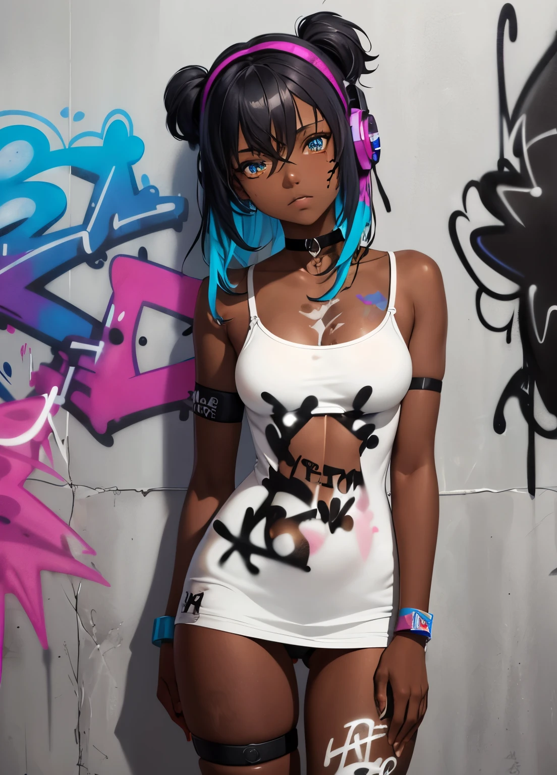 dark skinned, masterpiece, best quality, 1girl, solo, choker, (graffiti:1.5), paint splatter, arms behind back, against wall, looking at viewer, armband, thigh strap, paint on body, head tilt, bored, multicolored hair, aqua eyes, headset,