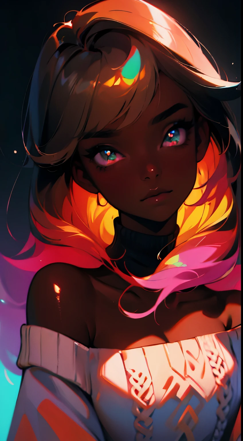 Upper body shot, ((beautiful black woman with flawless dark skin)), long hair with bright gradient glow under hair, clearly defined facial features, big detailed eyes, ((( wearing an off the shoulder sweater))) glowing flowers in the background, masterpiece, best high quality image,96k, uhd, depth of field, 1080P wallpaper, spotlight, character focus, high quality, insanely detailed, UHD picture quality in the style of Amy Sol