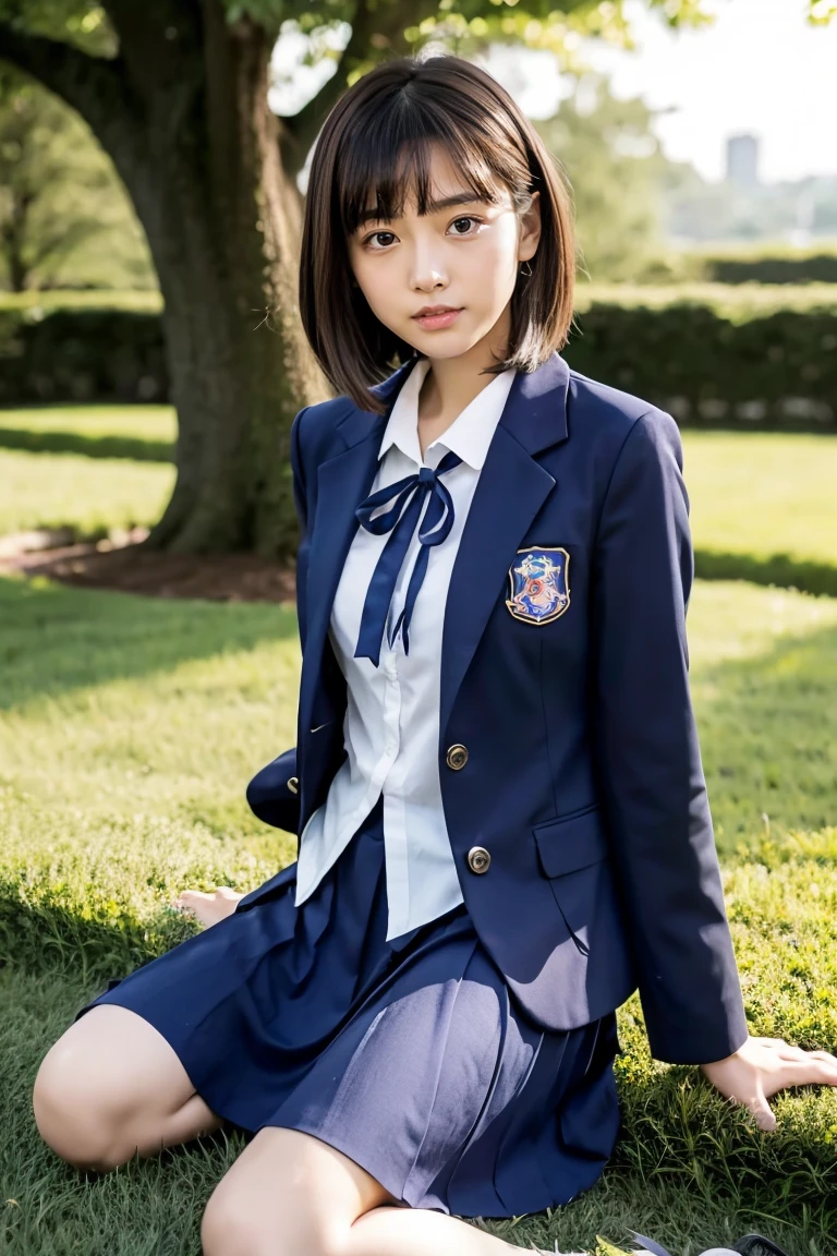 lawn、((Two beautiful Japan girls))、Two beautiful girls、Cute same school uniform、Same dark blue blazer uniform、15yo student、Wistful expression、look up to、A dark-haired、With bangs、Tall、Straight semi-long hair、((Long skirt to hide the knees))、((Navy long skirt below knee length))、Niō Standing、evening、the wind、Thin leg、Do not sit、Standing、put strength into your body、Short Bob、Bun hair、