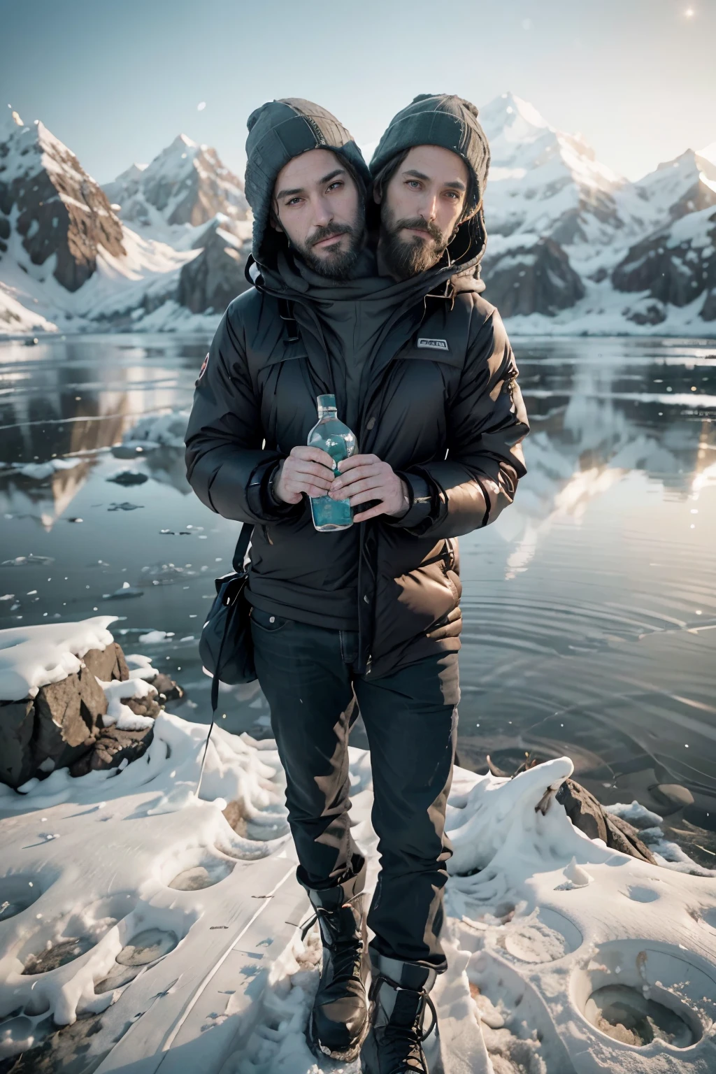 man, ((adult:1.5)), 40 years old, masculine features, middle aged, standing,boot,hood,((beard)),snow,posing in front of a frozen lake in alaska as an orca jumps from the water,cold,frozen, winter clothing , pensive, 8k, photography, realistic, Swedish, conjoined dicephalus, two heads, glaciers in background, with stuff, drinking from a bottle of vodka