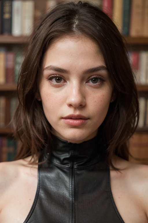 ((best quality)), ((masterpiece)), (detailed), perfect face realistic photo of beautiful woman with super long dark brown hair, Russian, influencer, light freckles, dark brown eyes, big lips, no makeup, insagram, in a library, wearing sexy red leather dress