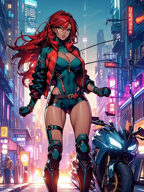 (masterpiece), (best quality:1.4), (perfect anatomy:1.4), high quality, expressive eyes, full body, detailed face, beautiful face, perfect face, 1 girl, breasts, cleavage, gloves, huge breasts, cyberpunk clothes, ultramarine jacket, very long hair, thigh length hair, ({dark skin}), dark-skinned female, detailed ((red hair)), messy hair, green eyes, braid, gloves, jacket, hourglass physique, casual outfit, shorts, dynamic lighting, cityscape background