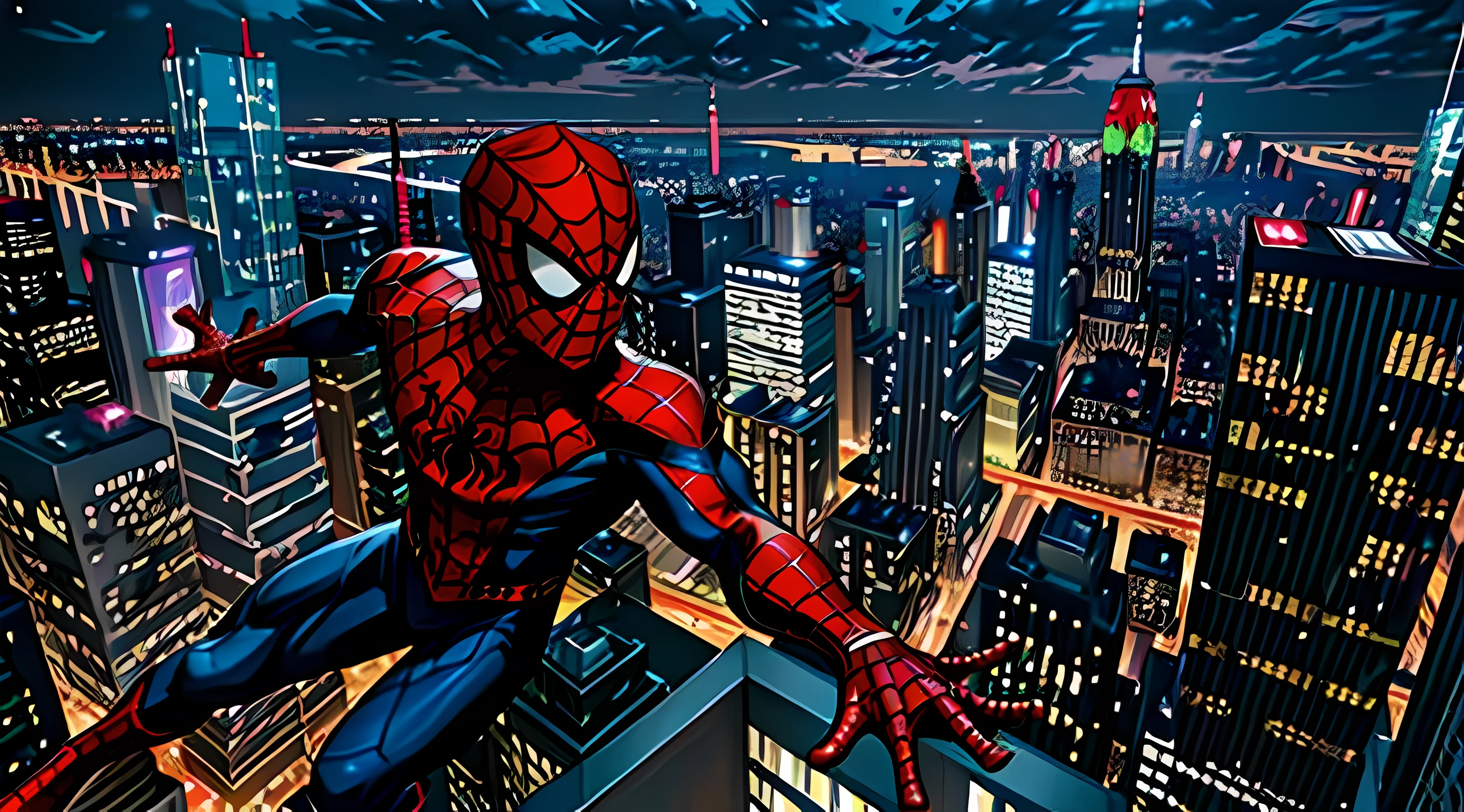 (La mejor calidad,4k,8k,Altas Resoluciones,Obra maestra:1.2),Ultra detallado,(realista,photorealista,photo-realista:1.37),Spiderman,Paisaje urbano por la noche,Back to the camera,admirando la vista,spider web shining in the moonlight,el majestuoso horizonte de los rascacielos,edificios altos que llegan a las estrellas,calles iluminadas con colores vibrantes,reflection of city lights in the river,helicopters flying in the distance,gentle breeze rustling through spiderman costume,gotas de lluvia brillantes en las ventanas,Spiderman's iconic red and blue suit,tiradores web brillando en la oscuridad,Intrincados patrones de red que conectan los edificios.,Spiderman's mask., highlighting the detailed eyes and webbed design,energetic and confident pose,heroic and vigilant expression,edificios con arquitectura unica,mostrando la diversidad de la ciudad,vallas publicitarias impresionantes y anuncios vibrantes,Luna proyectando un suave resplandor sobre el paisaje urbano.,The hustle and bustle of city life shown below.,Gente que camina con paraguas,encontrar refugio de la lluvia,traffic flowing through the busy streets,cielo nocturno adornado con estrellas titilantes,Ethereal and dreamlike atmosphere, insinuando el alter ego de Spiderman, Peter Parker,admirar la belleza y la grandeza de la ciudad desde un punto de vista elevado.