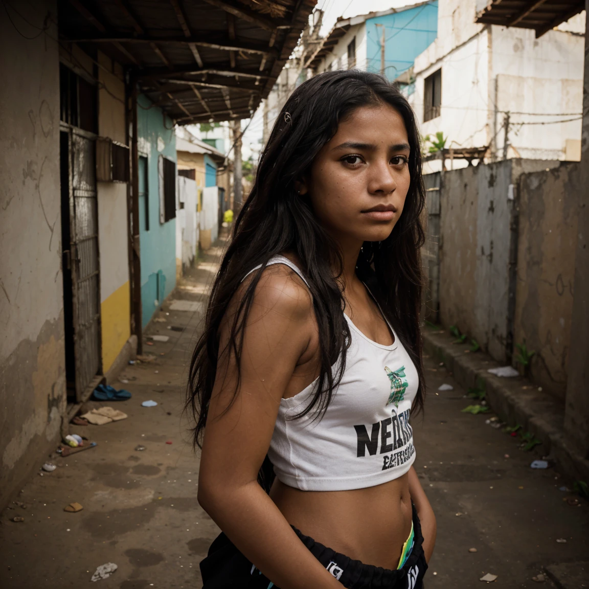 Young Brazilian Latina, 18 years old, cabello negro, dark skin, brown eyes. pobre chica de una favela. expression of shame. realistic photo from a distance in a favela in Rio de Janeiro