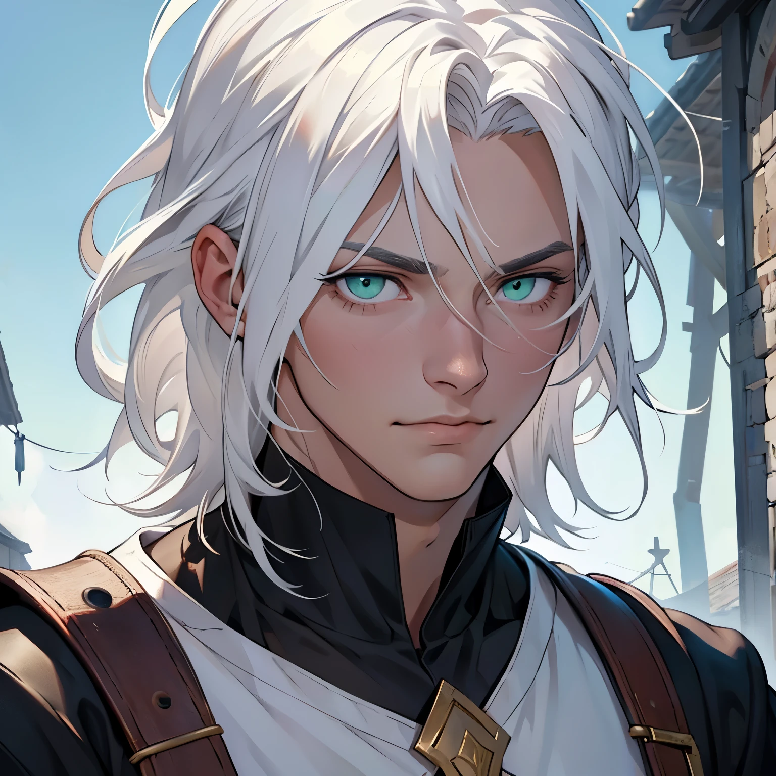 young, male, man, white, white hair, green eyes, , simple clothes, medieval village atmosphere. medium hair, white hair, 8k, super detail, accurate, best quality, high quality, high details, super detail, award winning, best quality, high resolution, textured skin, anatomically correct, masterpiece, accurate. blood in your face, face in sleepness, eye empty