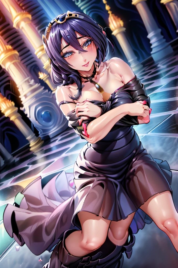 gran calidad ++ Extremely detailed high resolution, very aesthetic, ojos expresivos, (((Cara perfecta))), (((face symmetrical))), ((good anatomy)), (((manos perfectas))), (((8k))), UHD, Fondo de pantalla HD, (((alta calidra detallada, (((1girl))), ((((cuerpo completo)))), emblema de fuego, Emblema de fuego Despertar, (((Lucina))), Lucina Emblema de fuego despertar, (((sosteniendo un ramo de flores))), (((rosas azules))), (((sonrisa))), (((sonrisa divina))), (((sonrisa femenina))), ((((Midnight blue off-the-shoulder dress that perfectly hugged her slender figure and then descended into a flowy floor-length skirt...)))), (((The sweetheart neckline was adorned with brilliant sapphires in harmony with the jeweled tiara.......))), (((majestic castle ballroom))),