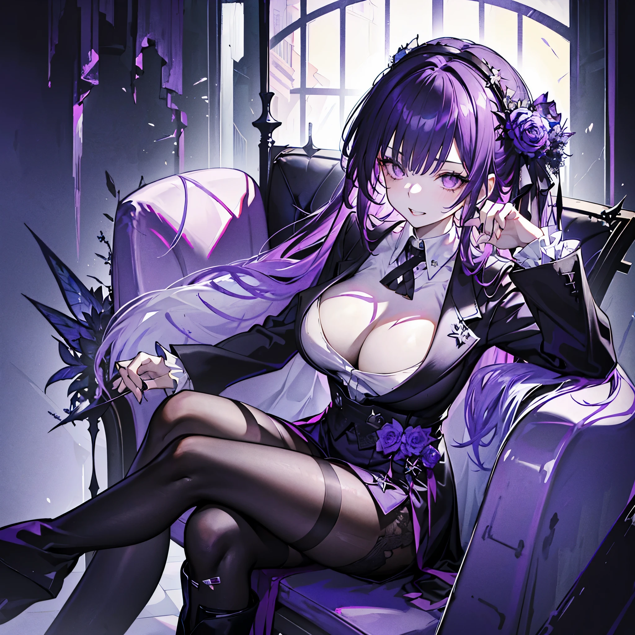 Highest resolution, 8k, ultra detailed outfit, ultra detailed digital illustration, trending on pixiv, (1 girl, solo, mature woman), dark purple hair with silver tips, large breasts, black eyes, (black veil, saw-tooth teeth, jagged teeth), elegant blue blazer, white blouse, deep V-neck, (black stockings, black pantyhose, black boots), (black and purple flowers as hair accessories, black and purple flowers), crossed legs, sexy pose, milf, sitting on a chair, aberrant colours, barren lands as background, colour scheme of background is purple black and blue, light grin, evil aura, curvy waist, long skirt