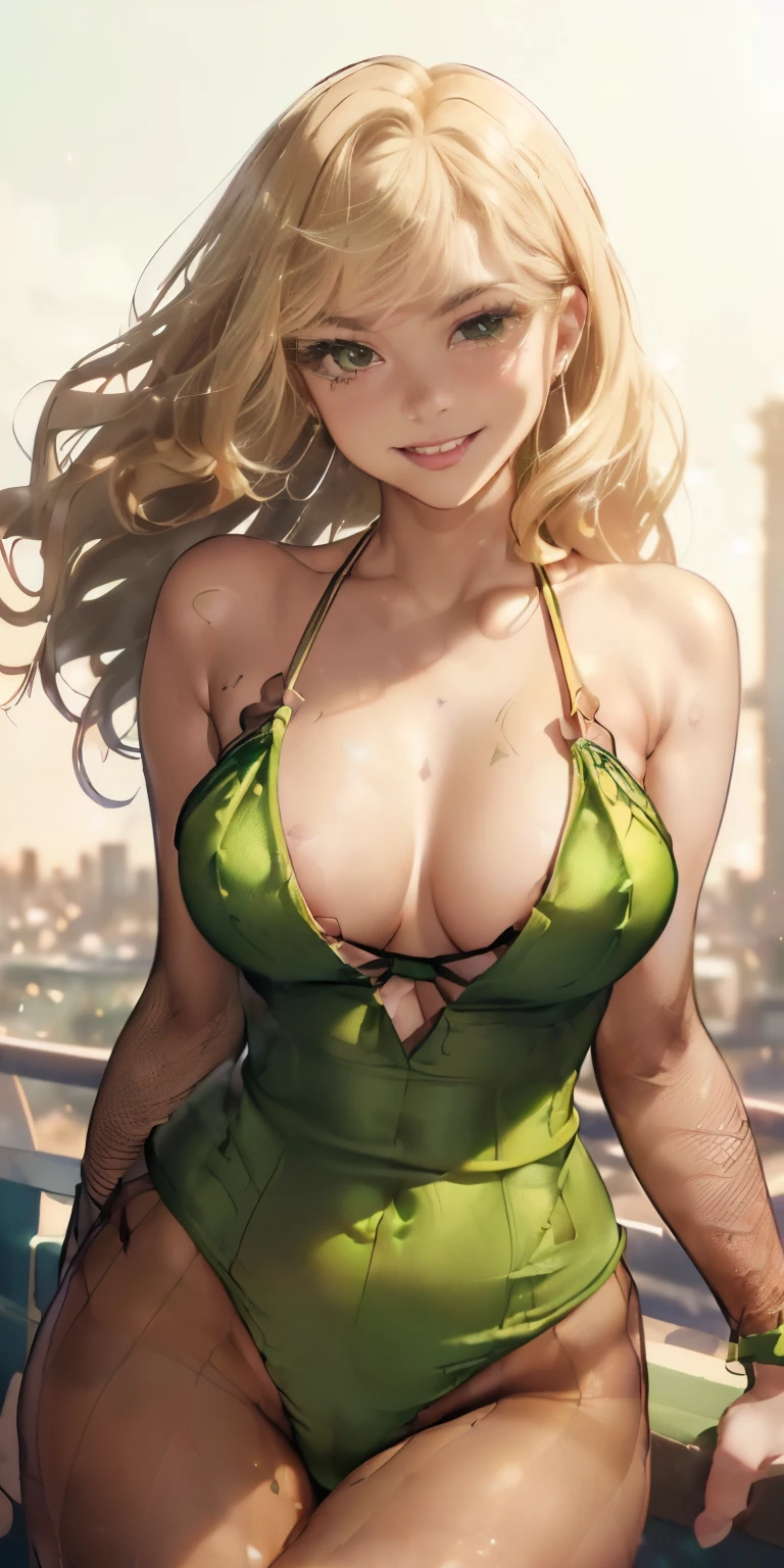 Sunset Sunset enhancement  enhancement Upper body photo), ((Various  poses and beautiful faces, Highly detailed face and skin texture, (Fine wrinkled eyes, Double eyelids, Thin eyebrows, Glitter Eyeliner: 1.2, Natural cheeks, Shiny skin, Fair skin, (((Wearing green silk one-piece , Mesh camisole and full body fishnet tights))), Glitter necklace and earrings, (shiny lips: 1. 4), ( smile), (15 years old), (Blonde long wavy hair, oblique bangs),  , ((upperbody shot)), ((Focus on  and face)), medium , upturned breasts.((Background sepia city))