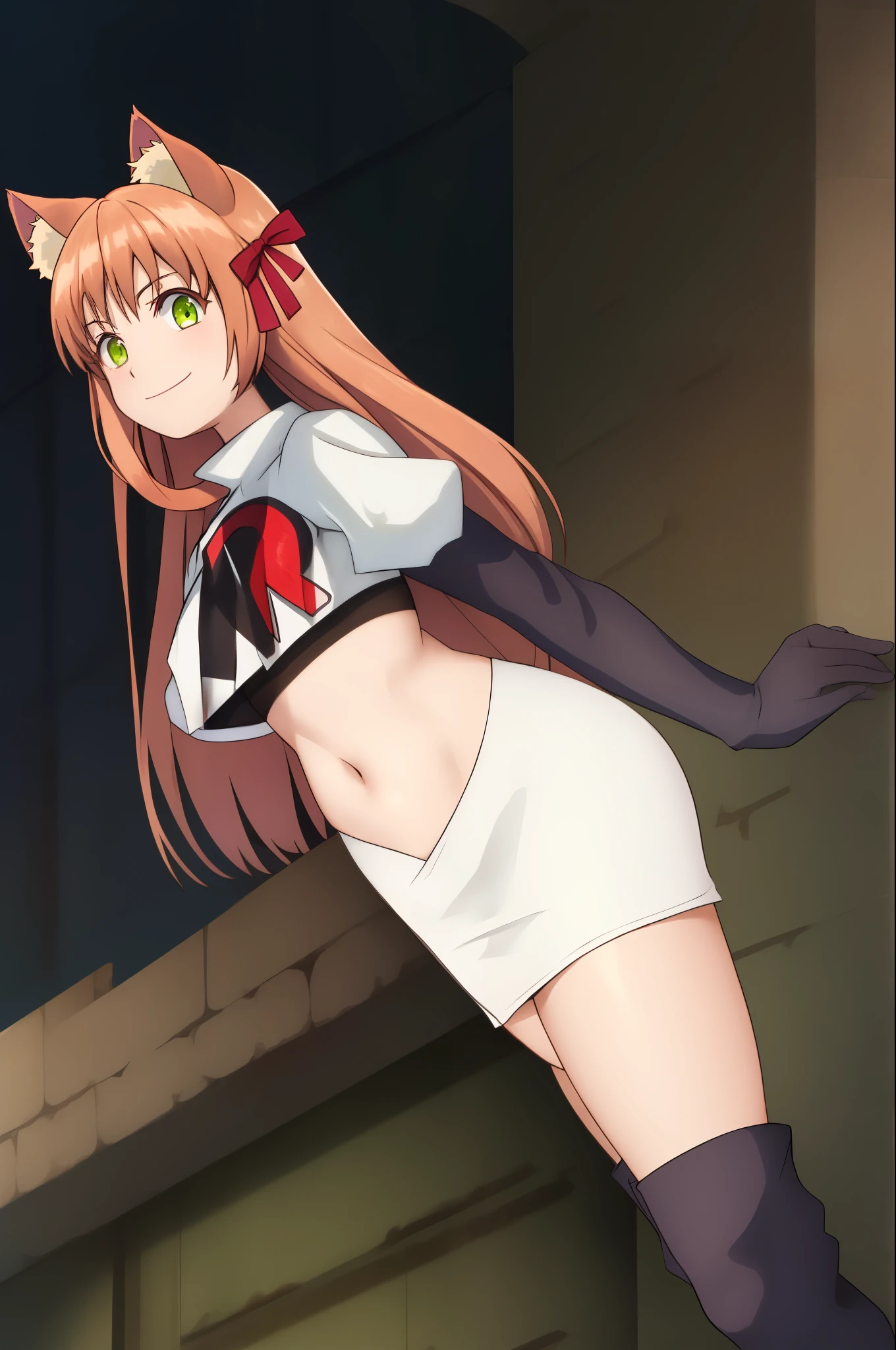 kanade, anime art style, 1girl, solo, long_hair, breasts, looking_at_viewer, smile, bangs, brown_hair, ribbon, animal_ears, very_long_hair, closed_mouth, green_eyes, hair_ribbon, cat_ears, red_ribbon, animal_ear_fluff, team rocket, team rocket uniform, red letter R, white skirt, white crop top, black thigh-high boots, black elbow gloves,
