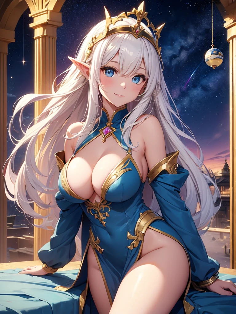 top-quality、Top image quality、​masterpiece、Super beautiful elf beauty((24 year old、Best Bust、big bast、Bust 90,beautiful blue long ironed hair、a blond、globe、A ????、A slender、a closeup、Esbian、beautiful tiara、hiquality、Beautiful Art、Background with((starrysky)))masutepiece、visualart、depth of fields、low angle of morning sky、、Elven ears、、light magic、Space Knight、harp melody🎵、Happy smile、Gentle light、、Beautiful legs that are gentle on the skin、、、Number of fingers to achieve precise finger movements、ティッカー美しい装飾のundergarment、elegent、Mystical　Rosa、　heaven、Marble pillars, beautiful dressy、magnificent marble dome、巨大なglobe、religious painting、Embracing the Earth、temple of time、spectacular clock、hour glass、sundial、Heaven and earth are created、A ????なストッキング、undergarment